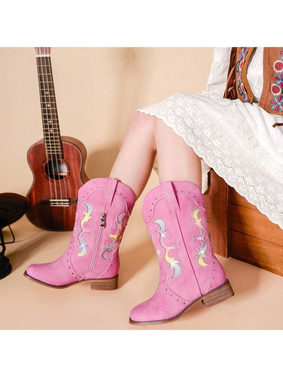 Cowgirl Boots Girls Western Square Toe Sparkle Boots Zipper Mid Calf Low Heel