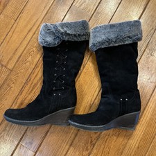 Aquatalia Women Boots Black Suede faux Fur Lined Wedge 8.5 Made in Italy luxury