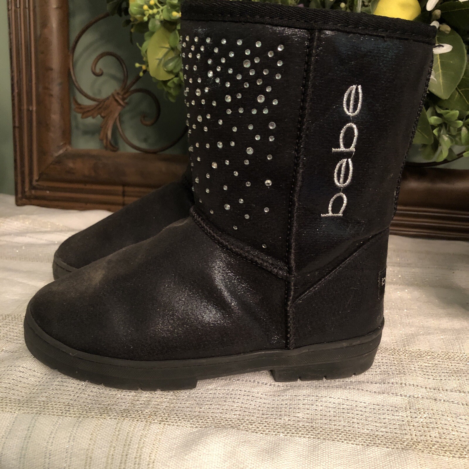 bebe GIRL’S  Size 2 WINTER BOOTS Shimmery Rhinestone Embellished  Slip On Black