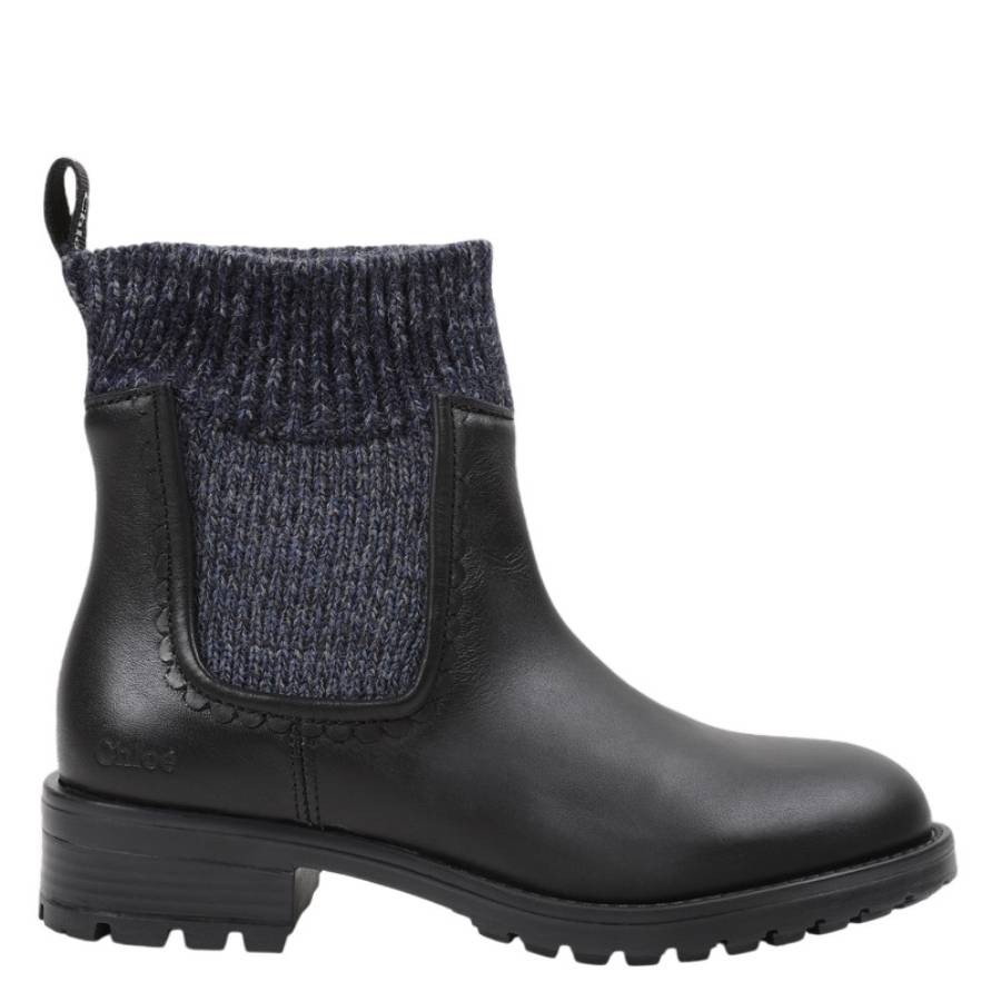 Chloe Girls Sock-Style Leather Ankle Boots