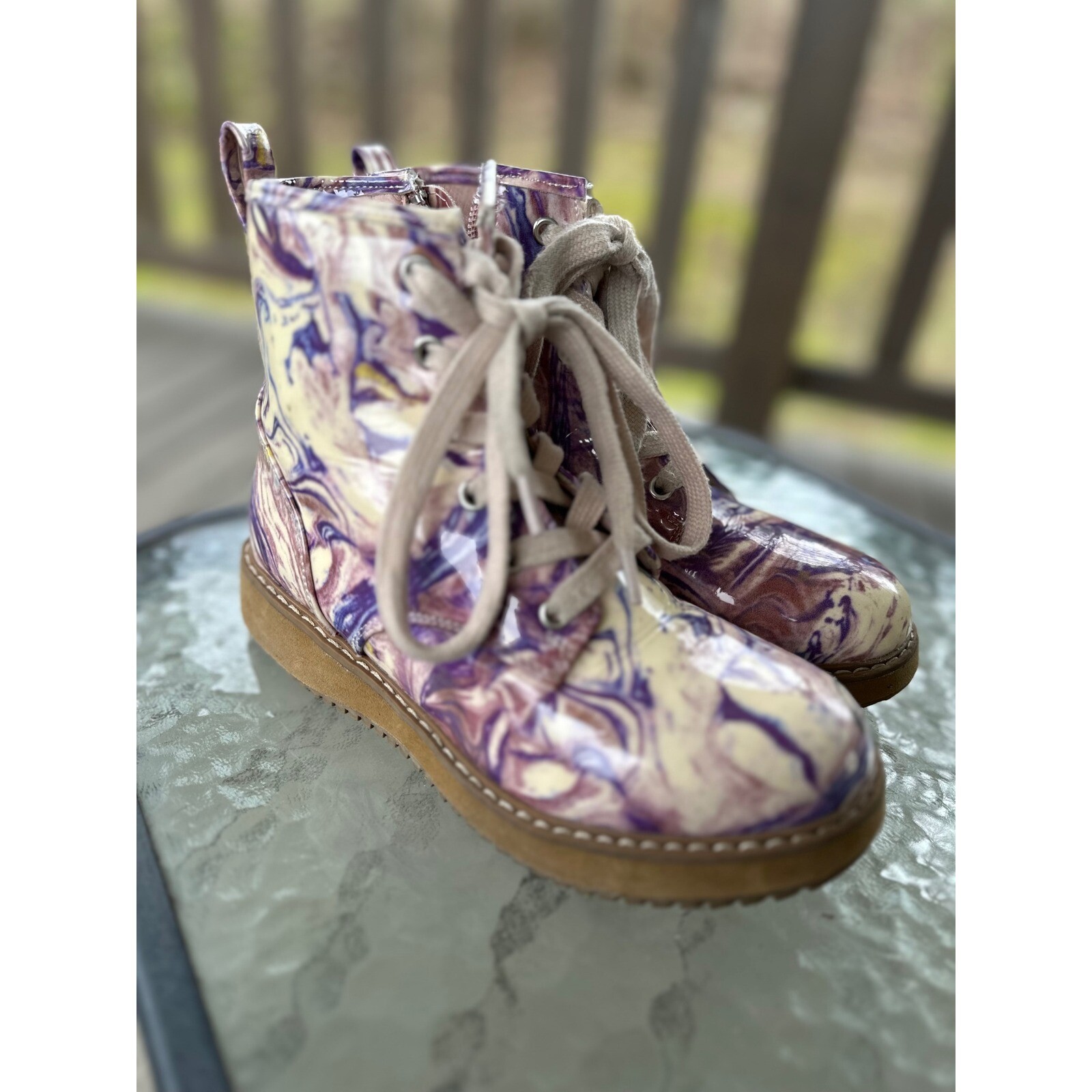 Steve Madden Joliviaa Marble Print Boots Lace Up Zip Closure Girls Youth Size 3