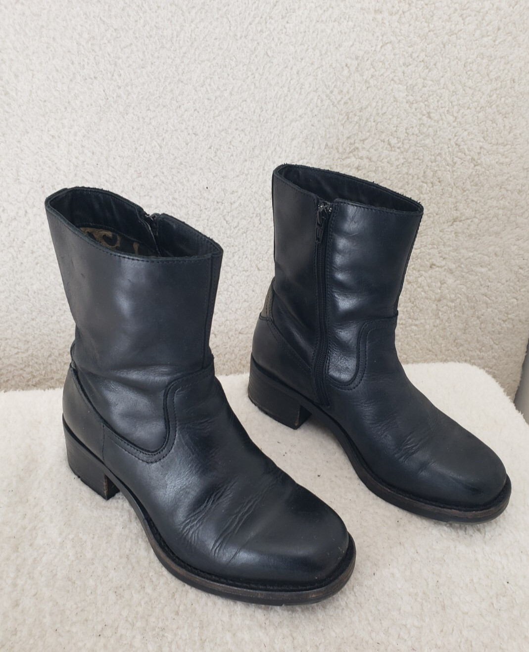 Fly London Women Boots 38 Black Leather Zip Up Ankle Block Heel Biker Shoes US7