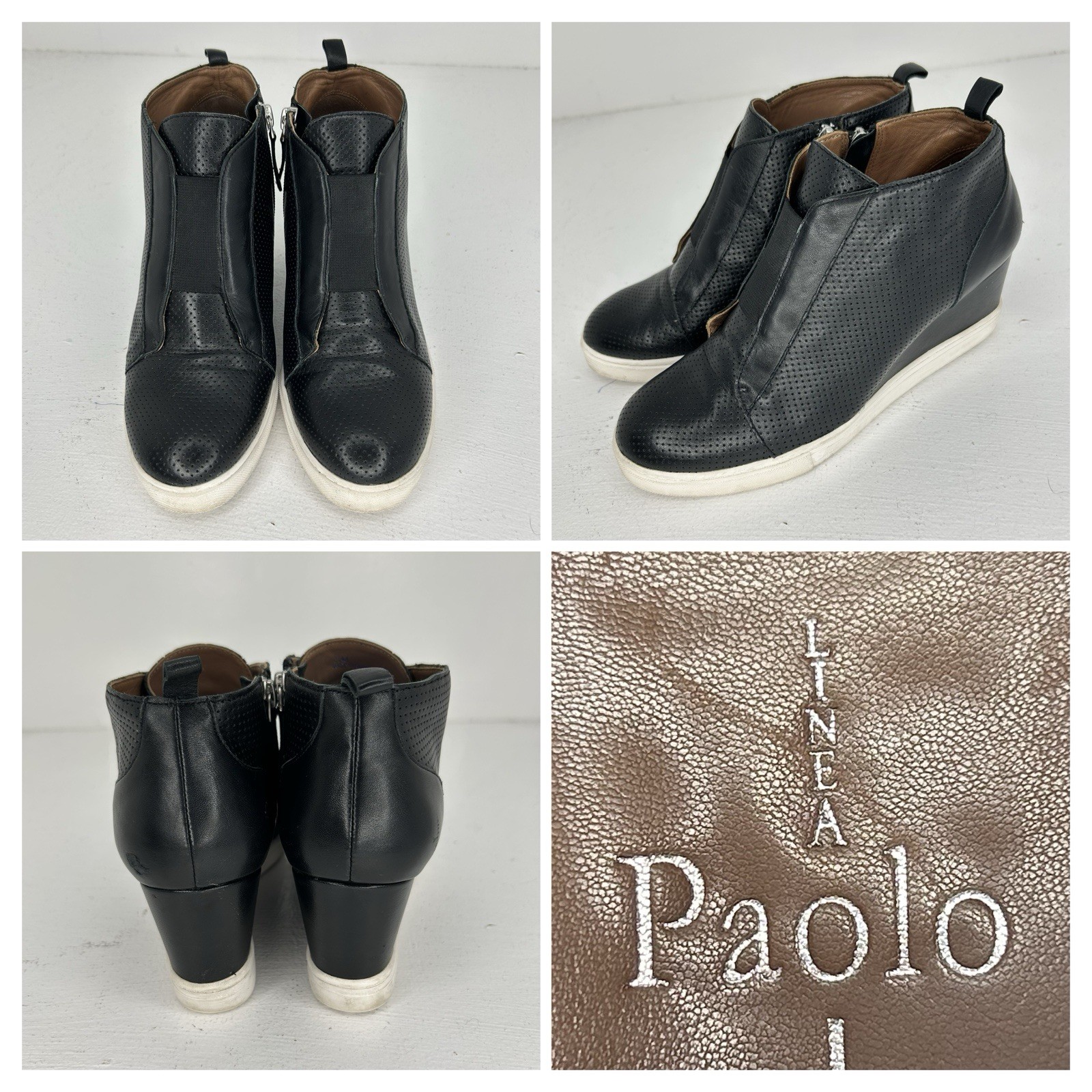 Linea Paolo Women Boots 7.5M Black Leather Zip Up Ankle Booties Wedge Shoes