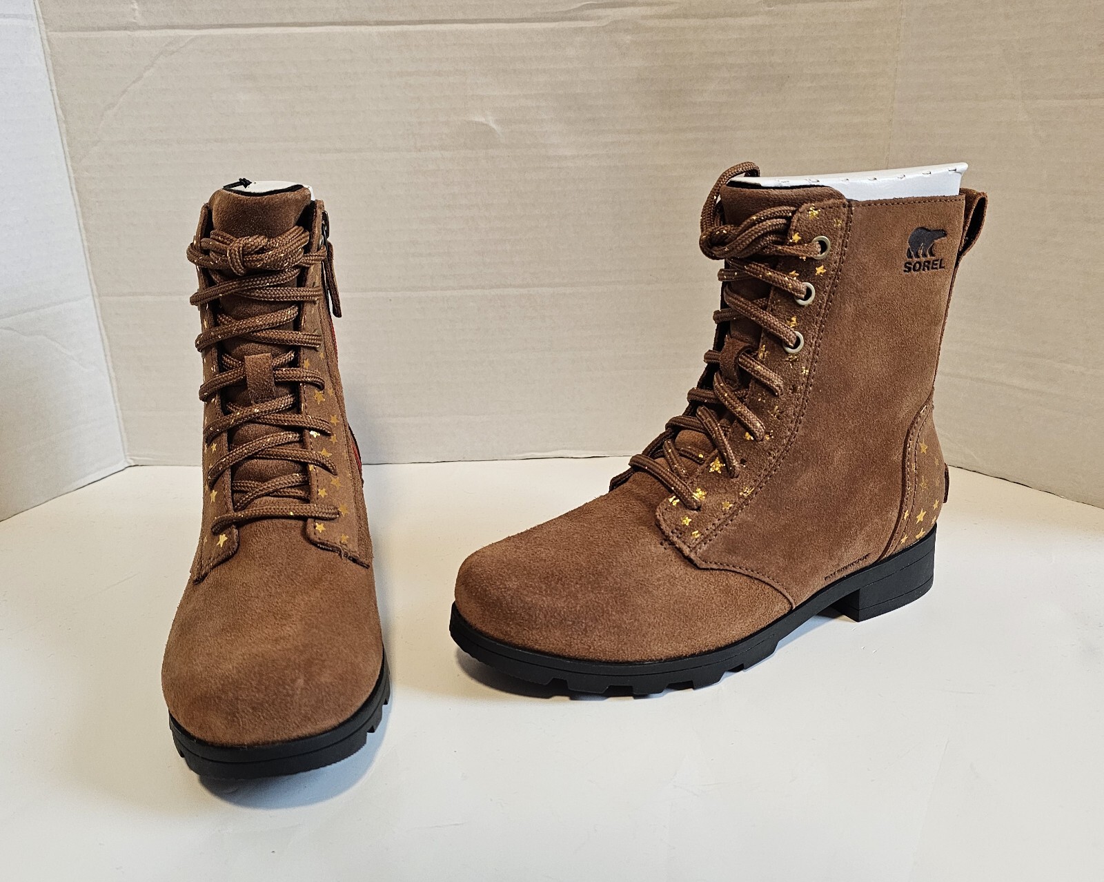 New Sorel Youth Emelie Short Lace Velvet Tan Girls Boots Waterproof Winter Sz 3