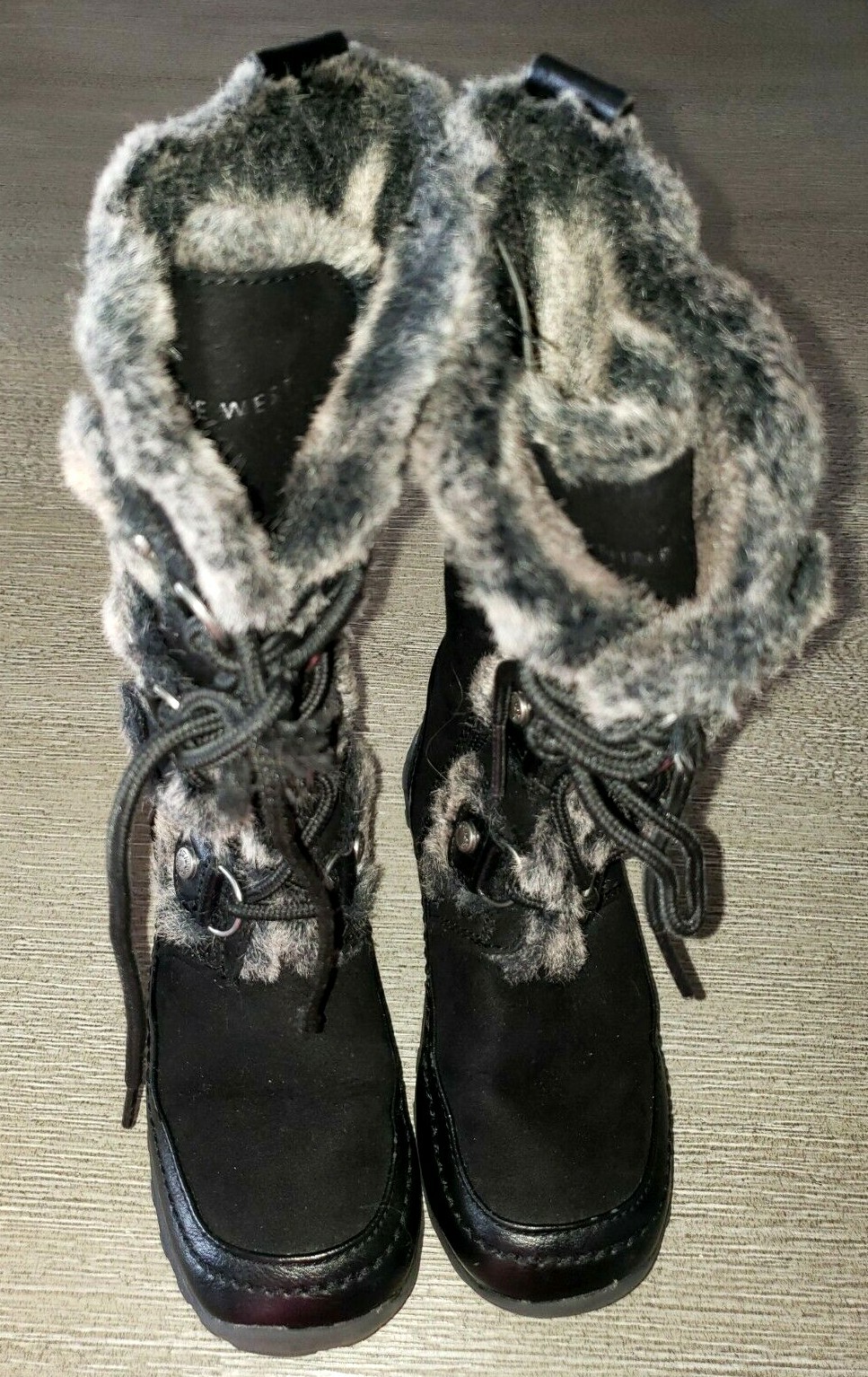 NINE WEST girls size 11 BLACK WINTER BOOTS FAUX FUR TRIM zipper lace up SUPER CO