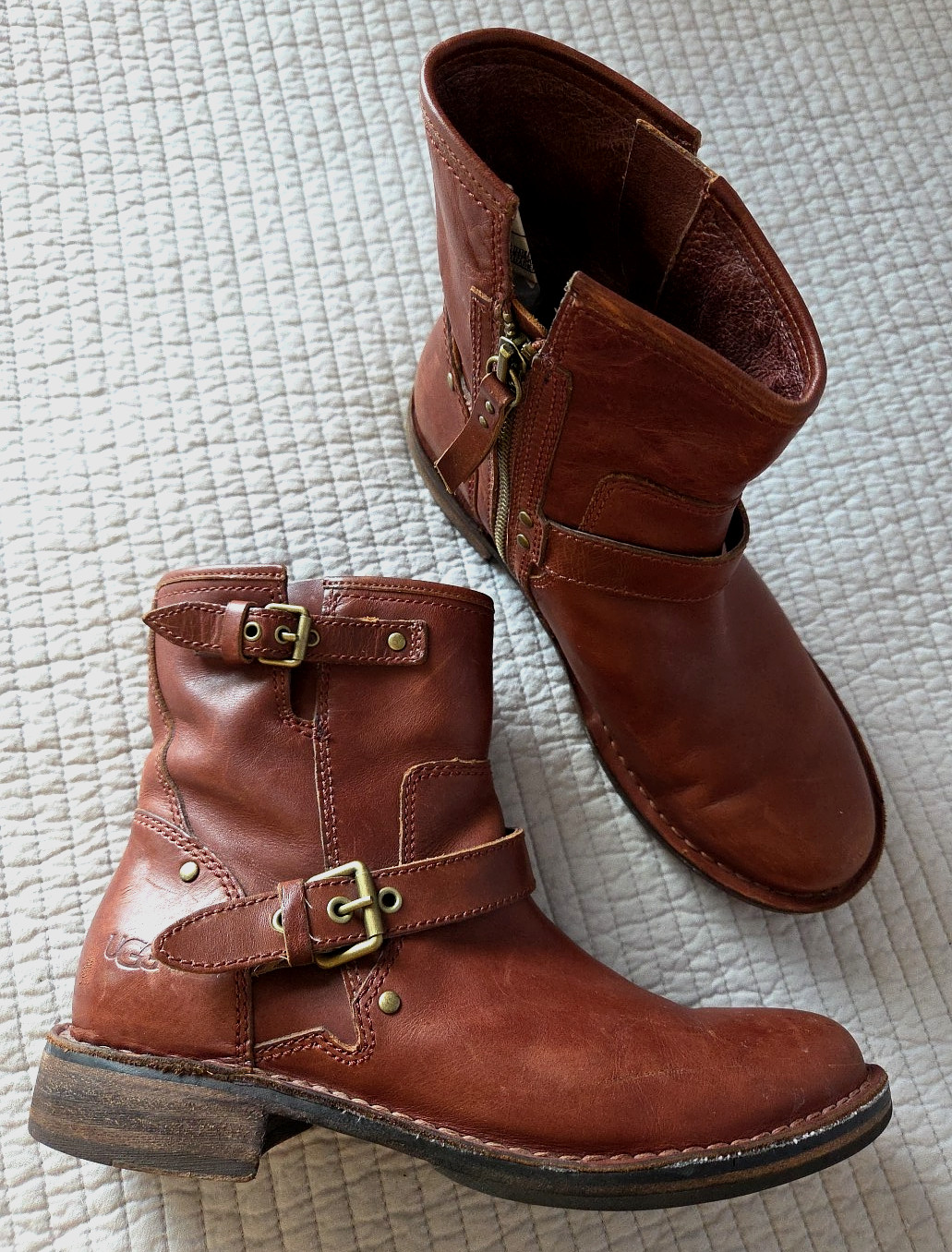 UGG Australia Brown Leather Moto Boots #1001661 Sheepskin Insole Women’s Size 7