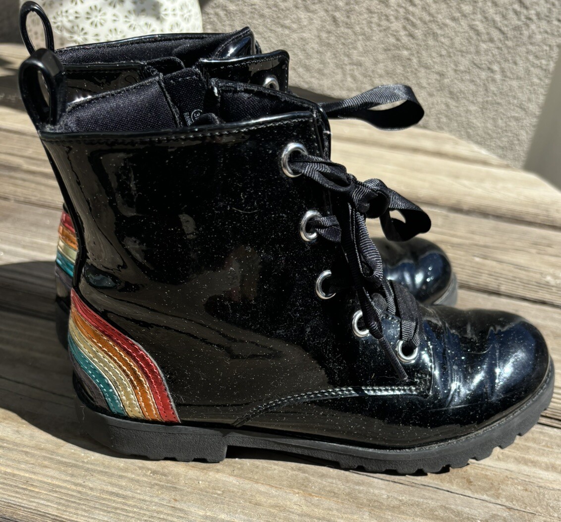 Self Esteem Kid’s Girls Boots Rainbow Shoes Shiny Black Patent Glitter Size 3
