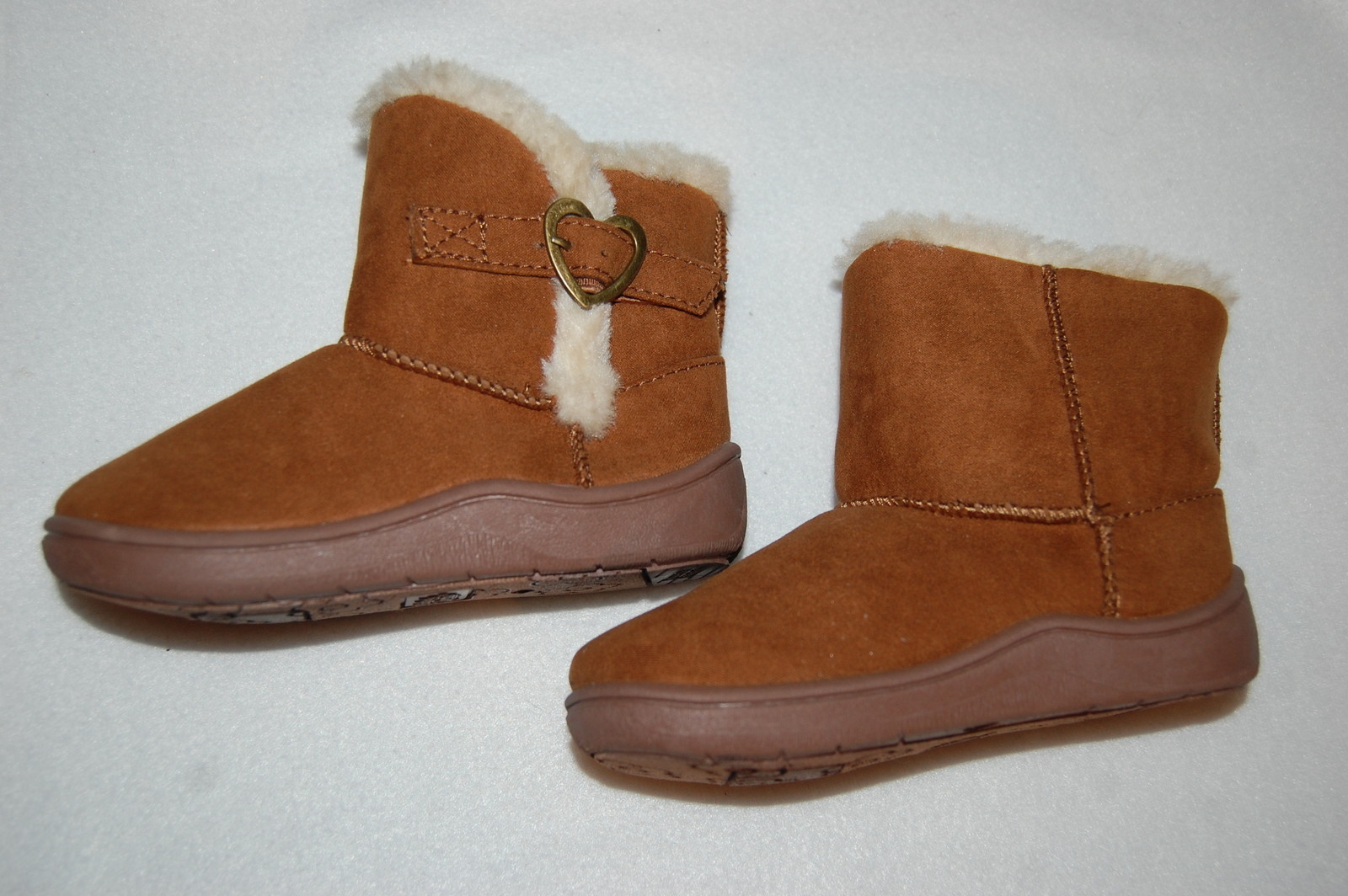 Toddler Girls CAMEL BROWN BOOTS Mock Suede SILVER HEART BUCKLE Faux Fur Trim 7