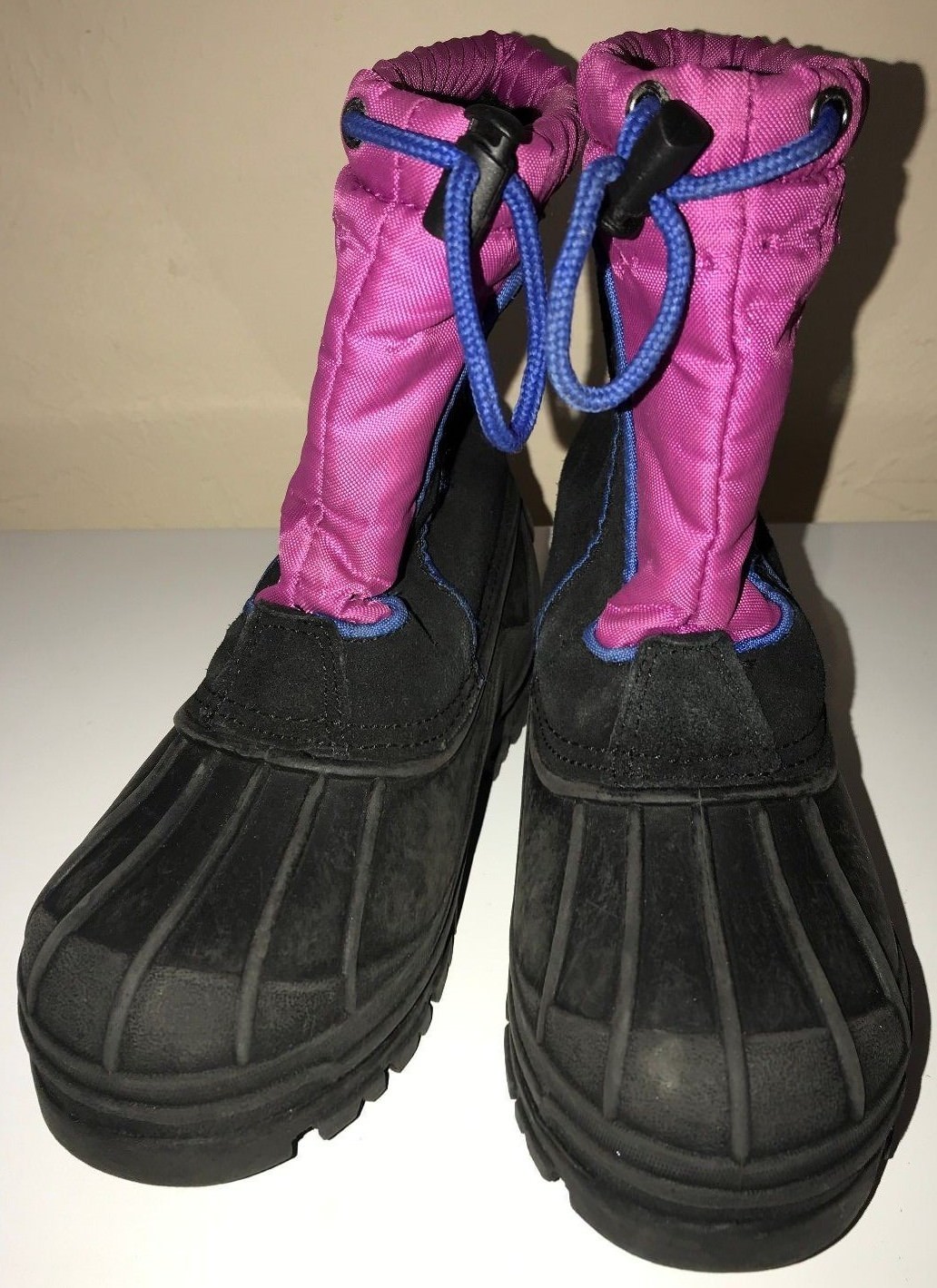 girls size 2 TOTES LEATHER black purple blue SNOW BOOTS footwear PULL STRING @@