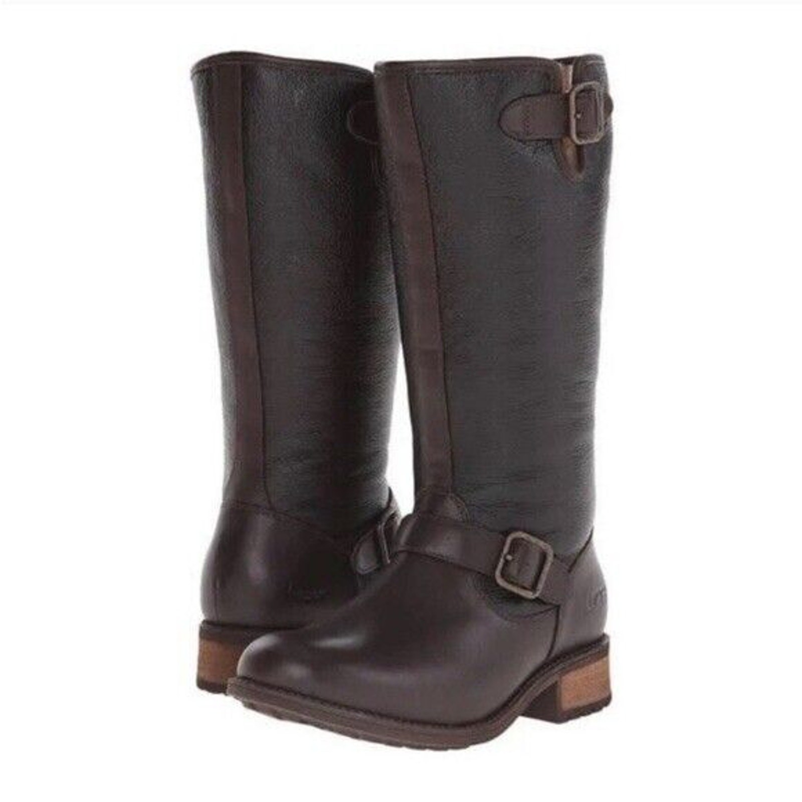 UGG Brown & Black Leather 7.5 Women Boots Sheepskin Lined Buckles Low Heel