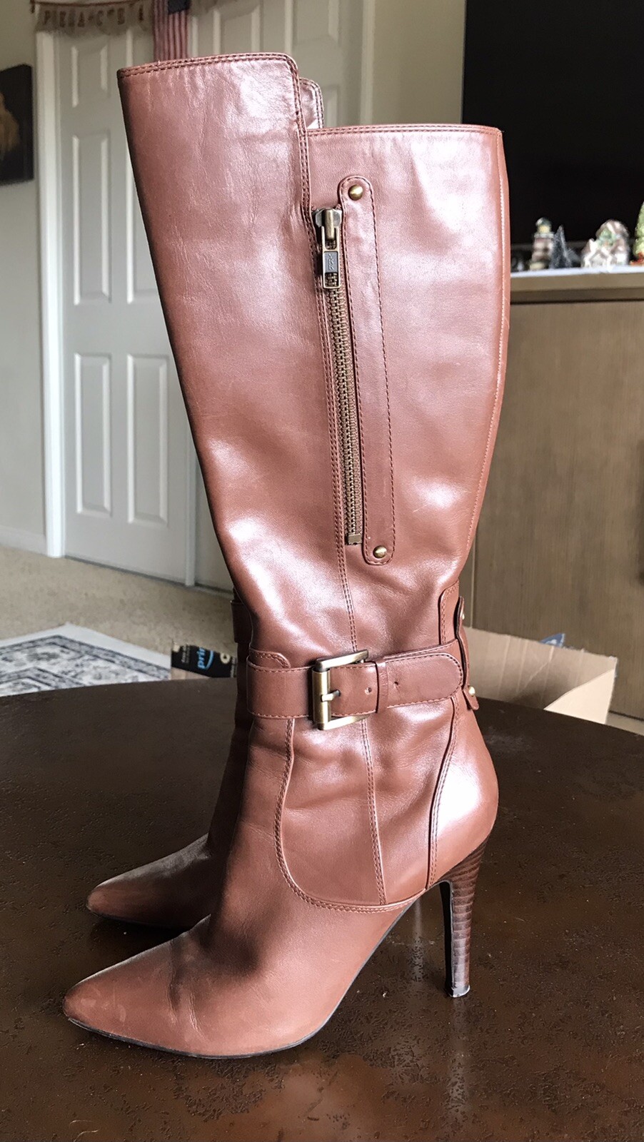 Nine west Leather Zip women boots High Heel Brown Size 5