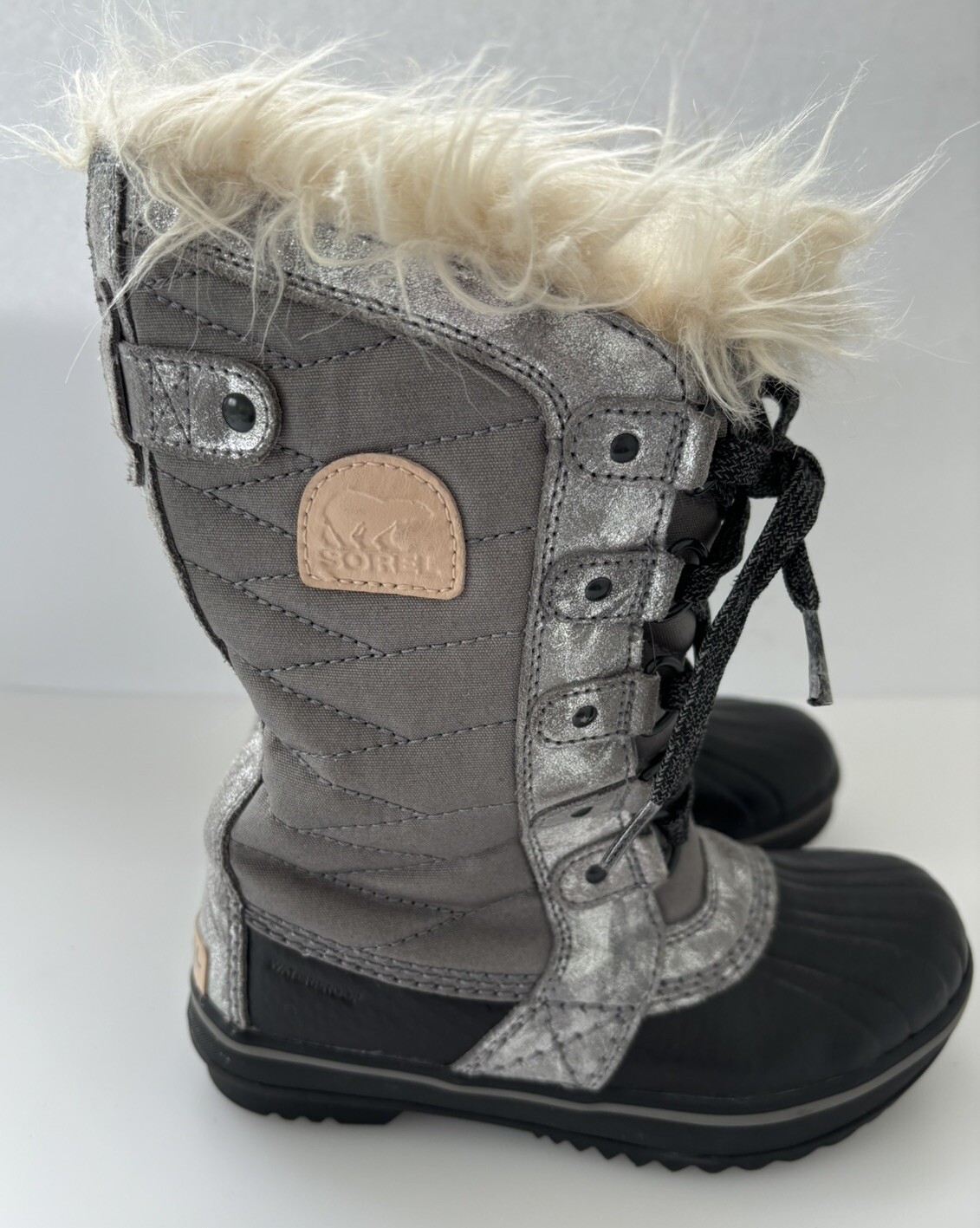 SOREL Tofino Il  Girls  Silver Gray Black Winter Snow Boot  Fur  Lace Up  Size 1