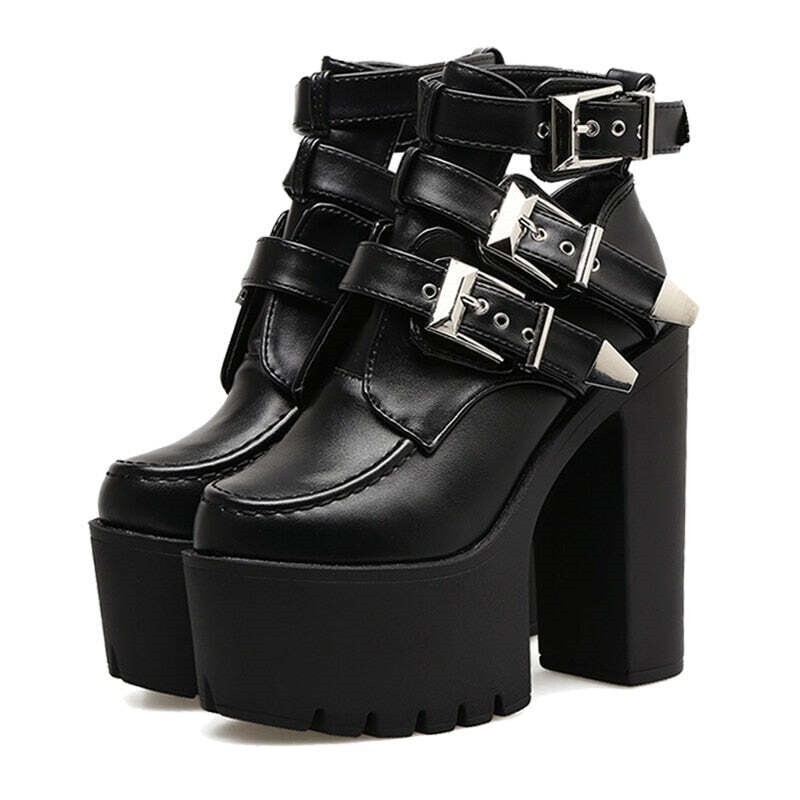 New Women Gothic Black Leather Ankle Boots High Heels Buckle Platform Chunky