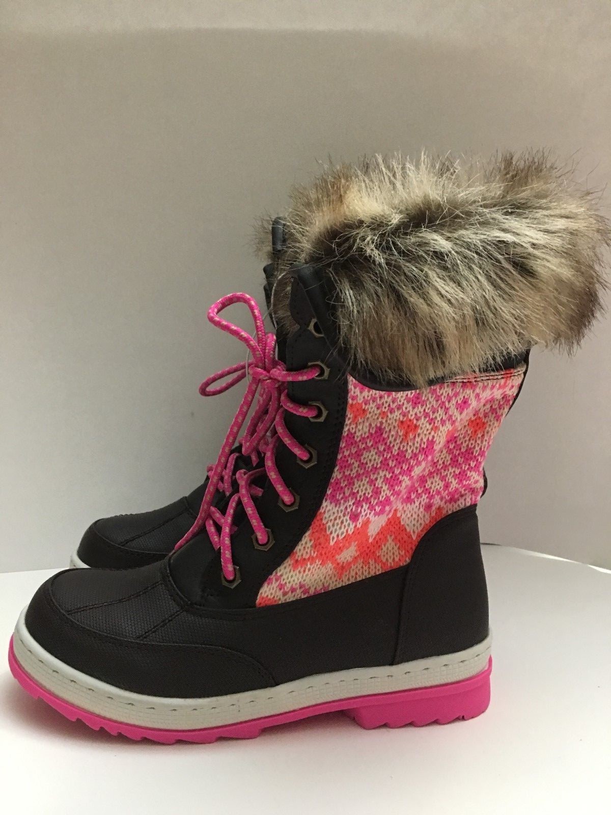 NWT JUSTICE GIRLS BROWN PINK SWEATER KNIT SNOW BOOTS WINTER FAUX FUR GIRLS 3M 3