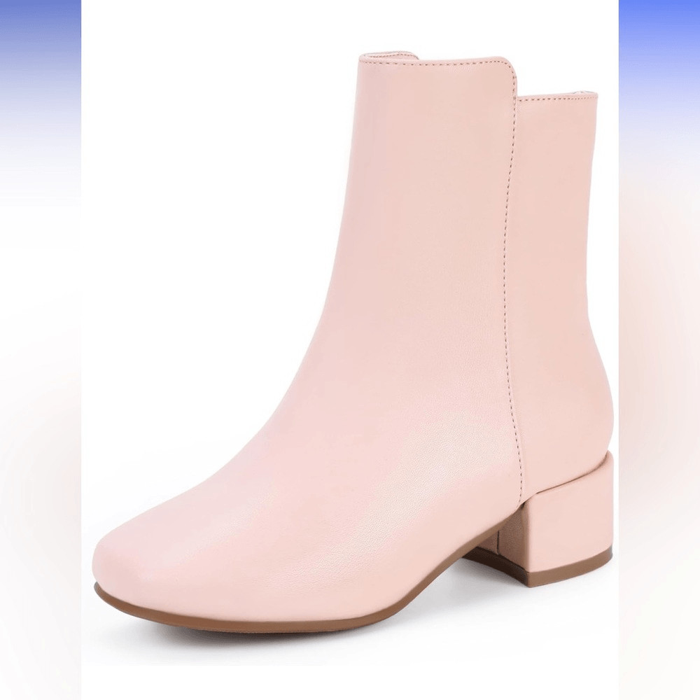 PANDANINJIA Girls Size 1 Pink Ankle Boots Square Toe Heel Boots Booties Zip Up