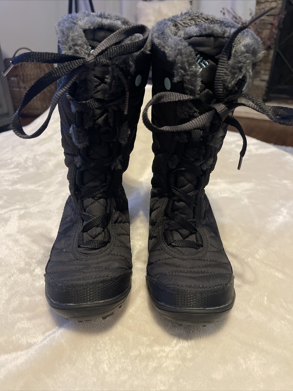 Girls Winter Boots Size 1 Black Waterproof Columbia Mid Calf Faux Fur