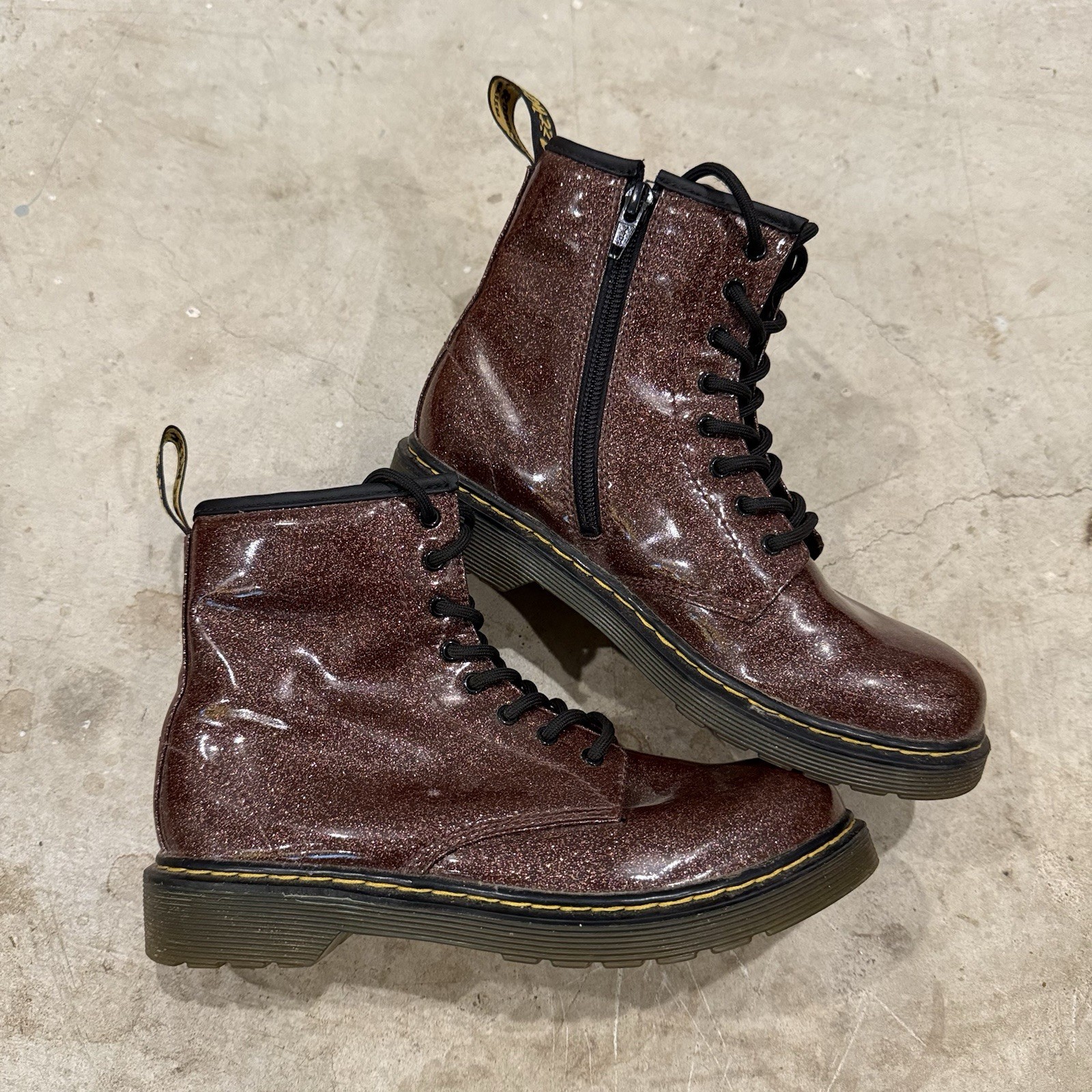 DR MARTENS Girls Boots Size 4 Burgundy Glitter Leather Combat Black Style 1460 J