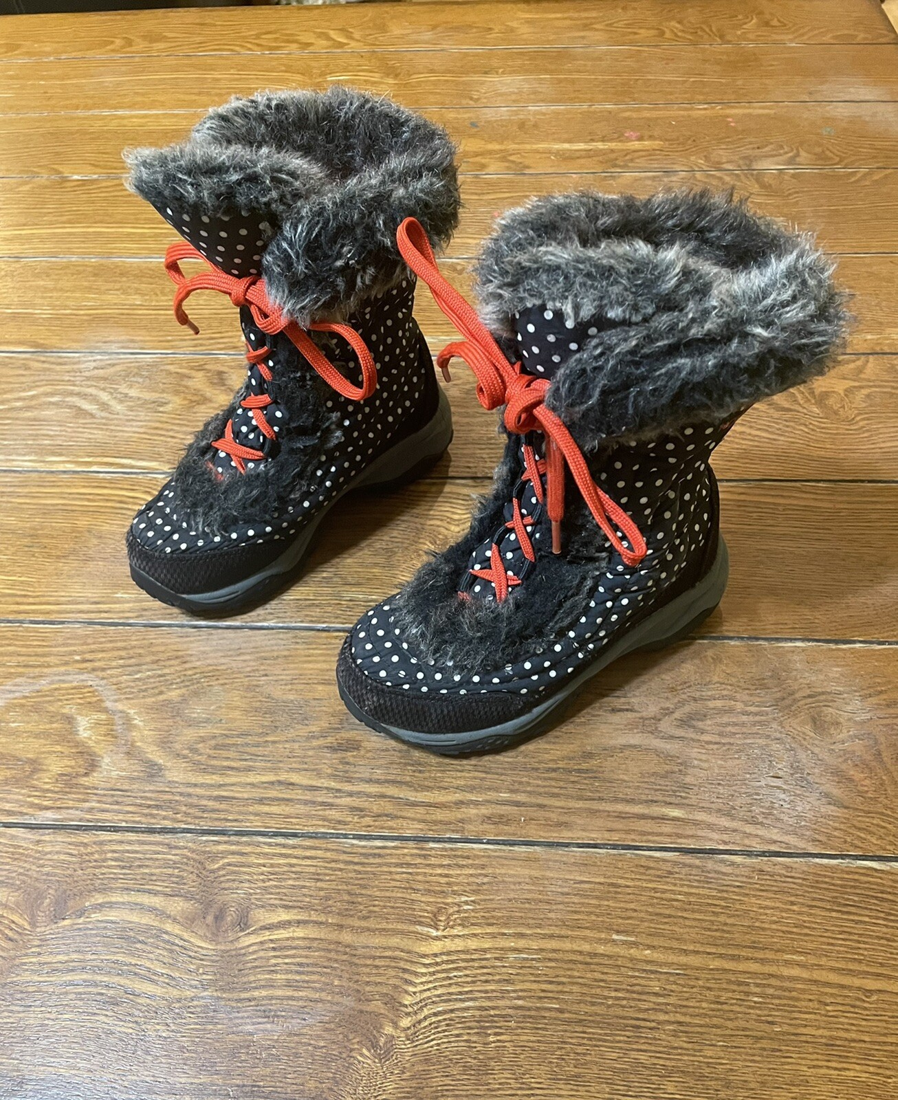 THE NORTH FACE Girls Winter Boots Sz 12 Black White Brown Fur Trim Goose Down