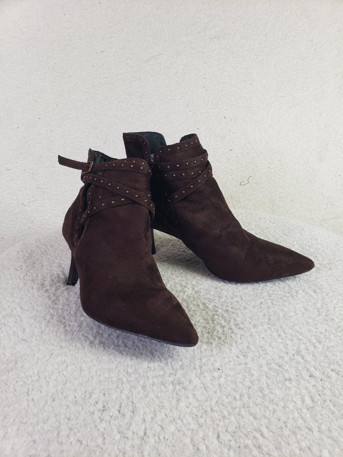GC Shoes Women Boots 9.5 Brown Fuax Suede Ankle Wrap Stiletto Booties Shoes