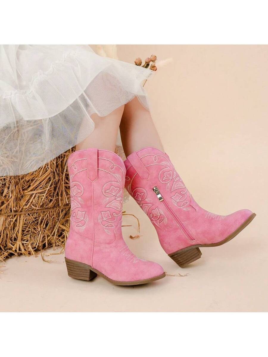 Cowgirl Boots Mid Calf Western Boots Pointed Toe Embroidered Toddler Little Kids
