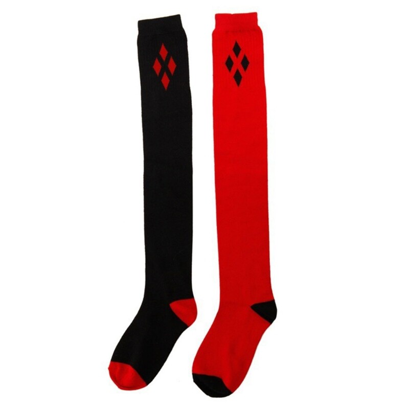 Women Girl Winter Boots Cuff Sock Black Red Diamond Printed Knee High Stockings