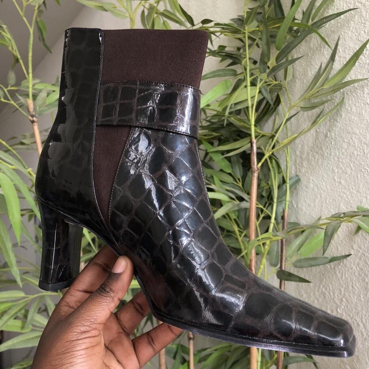 J. Renee Retro Brown Leather Ankle Crocodile Women boots Square Pointed Toe-8M