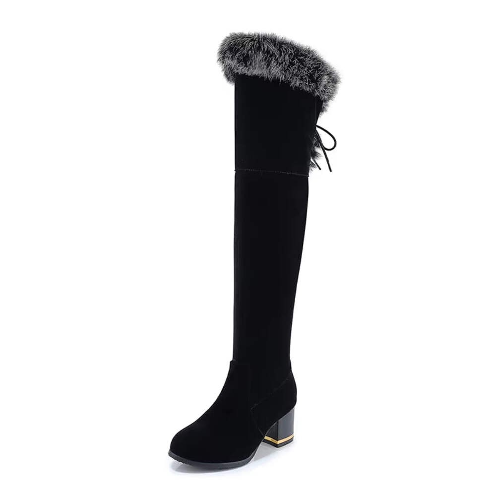 Natural Fur Winter Boots Women Knee High Long Boots Square Heel Winter Shoes Wom