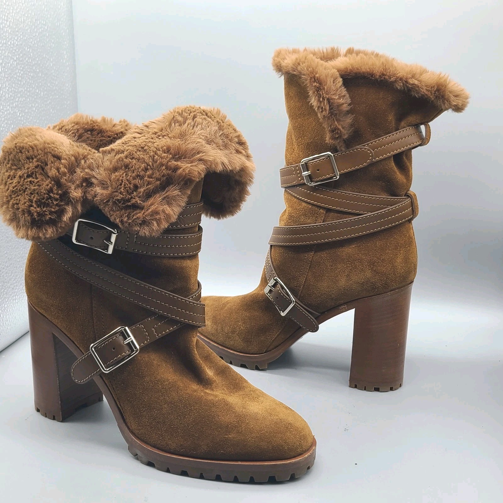 Gianvito Rossi Women Boots Brown Suede Faux Shearling Belted sz 39/US 8.5- 9