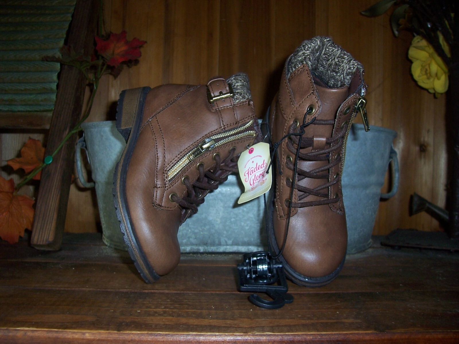 FADED GLORY GIRLS TODDLER CASUAL ANKLE BOOTS SIZE 9 BROWN LACE UP AND ZIPPER SID