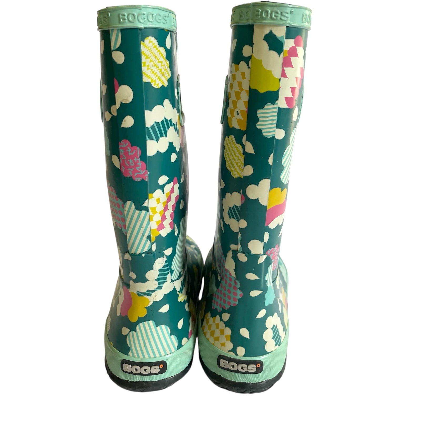 BOGS Youth Size 5 Rain Boots Waterproof Teal Cloud Print Handles School Pull On