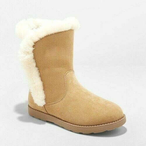Cat & Jack Big Girls Tan Brown Microsuede Hadlee Faux Shearling Fur Winter Boots