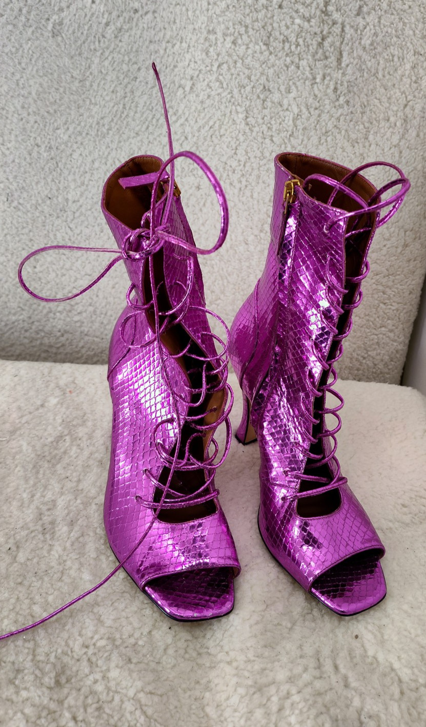 Paris Texas Women Boots 38.5 Pink Metallic Lace Up Heels Made Italy Shoes US7.5