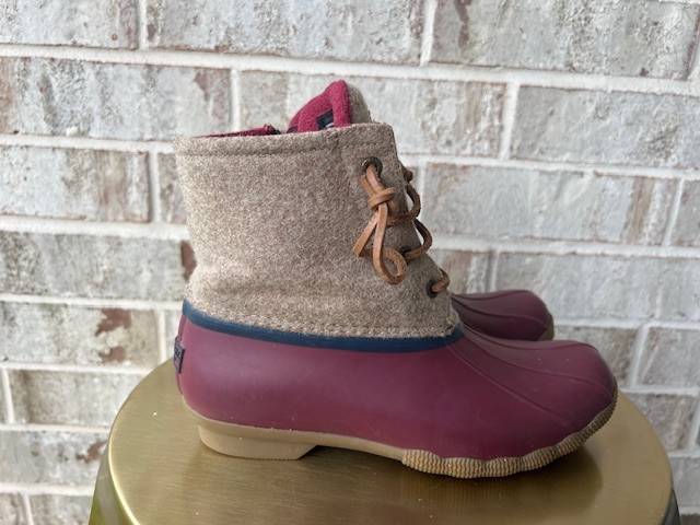 SPERRY Saltwater Wool Women Boots Rain Duck Tan Burgundy Lace Up Size 8 M