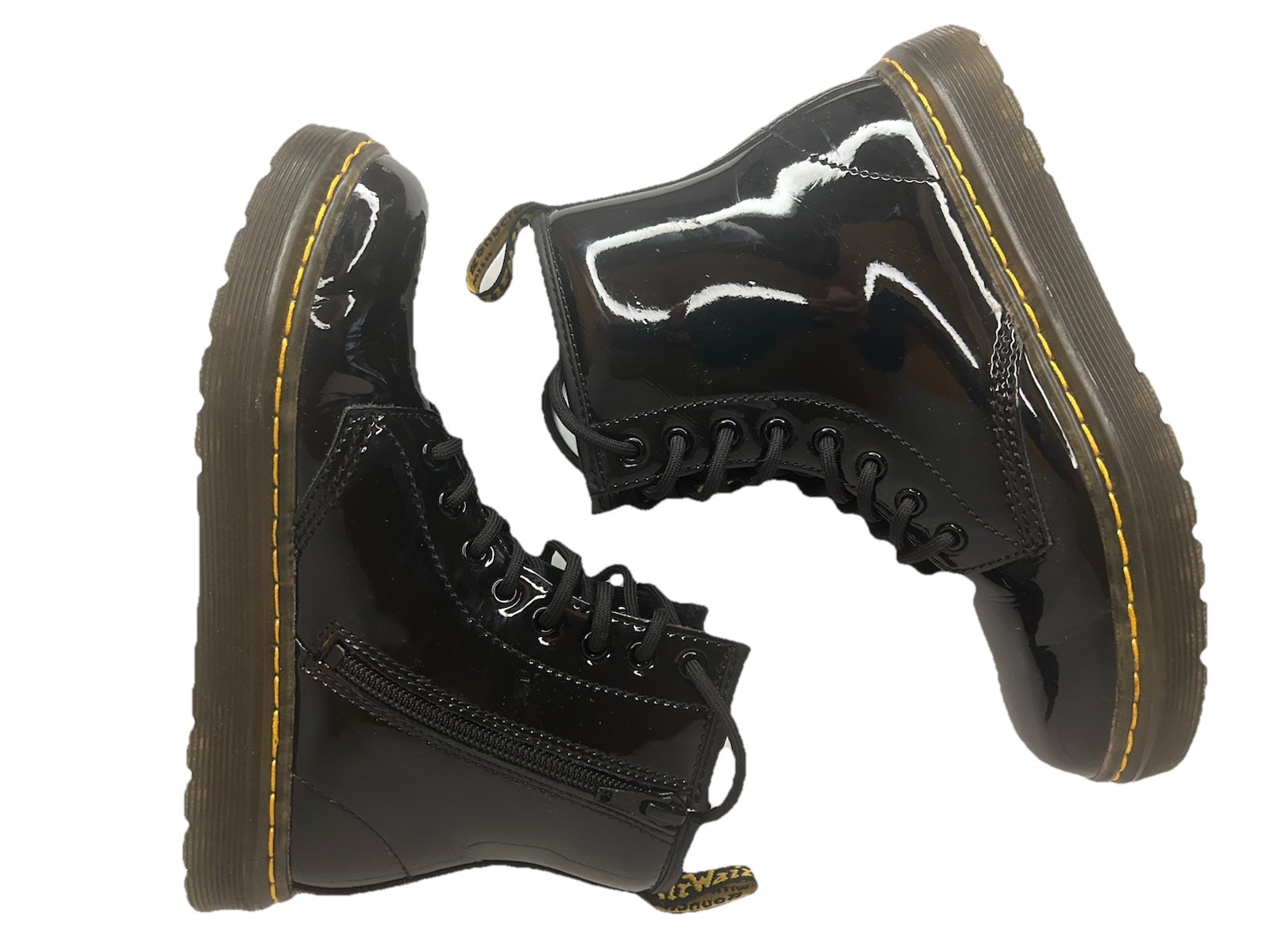 Dr Martens Doc Youth Black Patent Leather Lace Up Zip Ankle Boots Size 2 Unisex