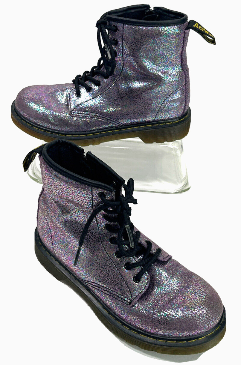 Dr. Martens Combat Boots Girls Size 3 Purple Shimmer Delaney Holographic