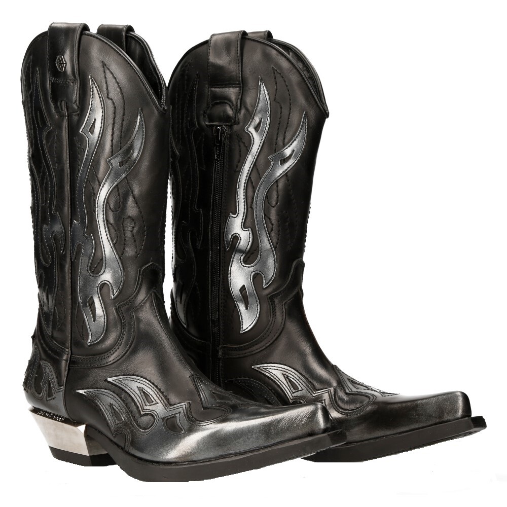NEW ROCK M-7921-S3 SILVER FLAME BOOTS Black Leather Heavy Biker Western Cowboy