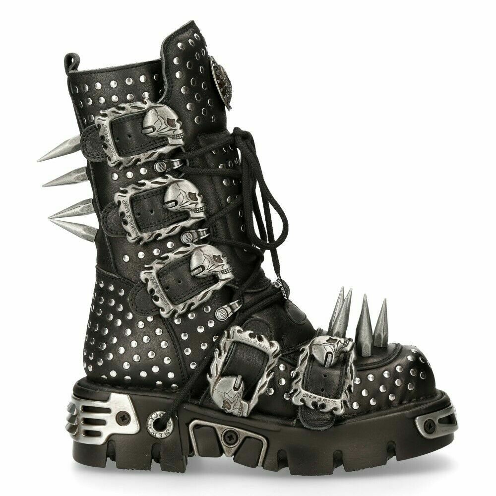 New Rock Boots 1535-S1 Unisex Metallic Black Leather Goth Studded Spike Boot