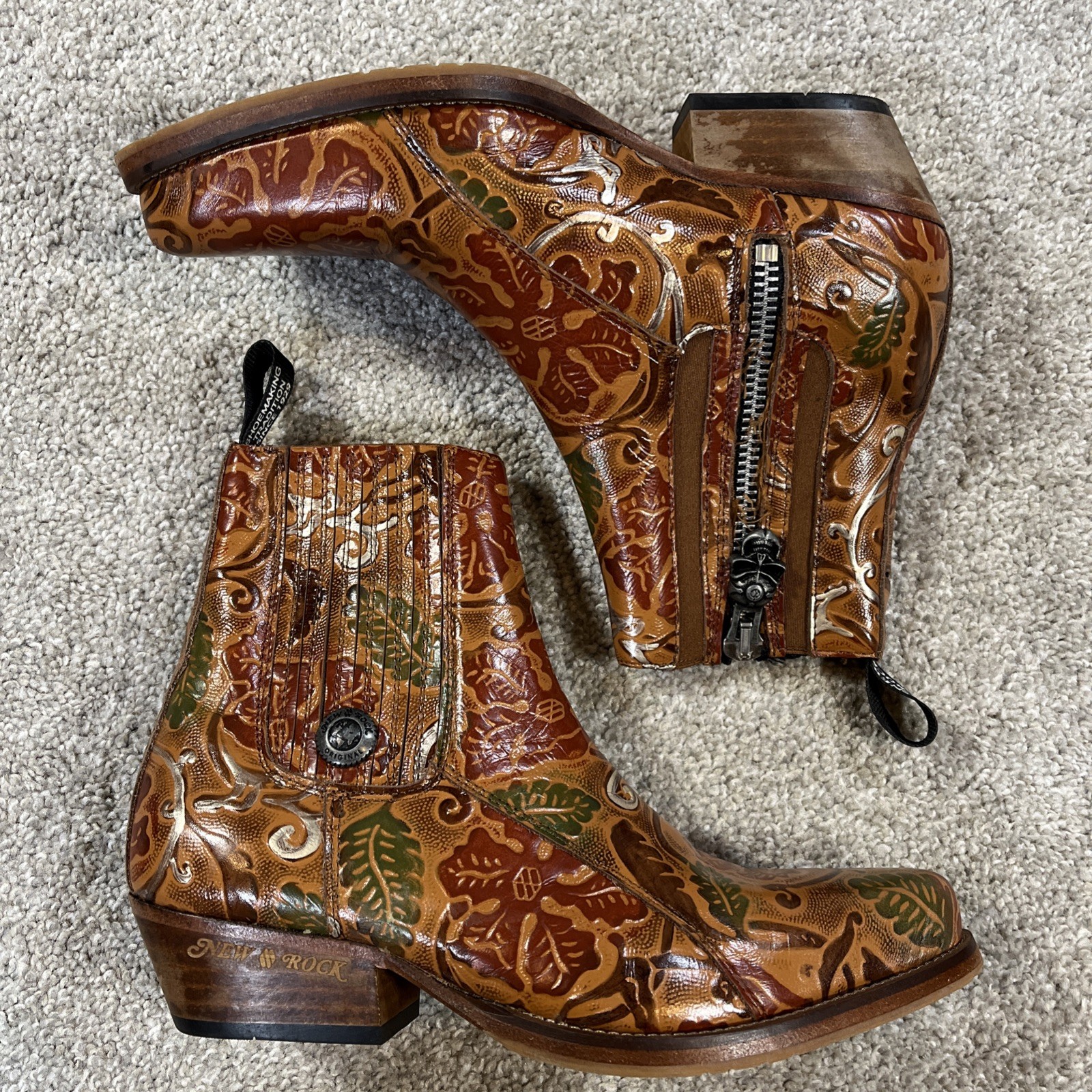 New Rock Leather Ankle Boots Womens 39 US 8 Floral Tooled Western M-GY501C-C3