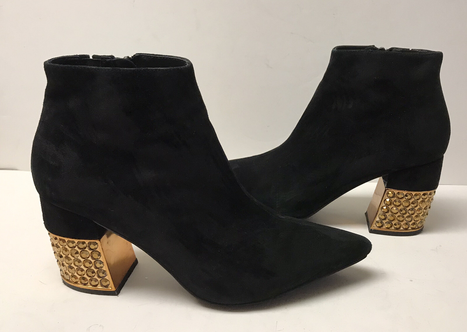 Jeffrey Campbell Size 8M Black Suede Ankle Bootie Pointed Toe Bling Chunk Heel