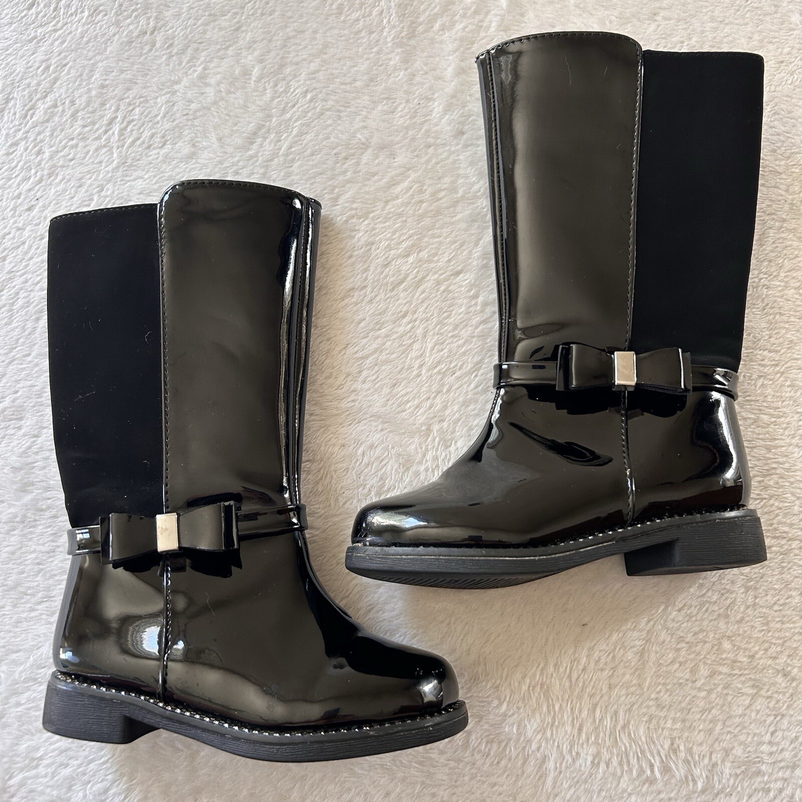 Place Kids Girls Boots Size 7 Black Bow Rhinestone Zip