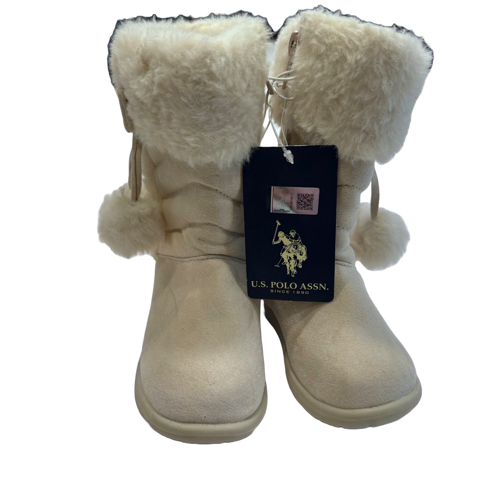 US Polo Assn Winter Boots Girls Winter White Faux Fur Pom Poms BRAND NEW Sz 6
