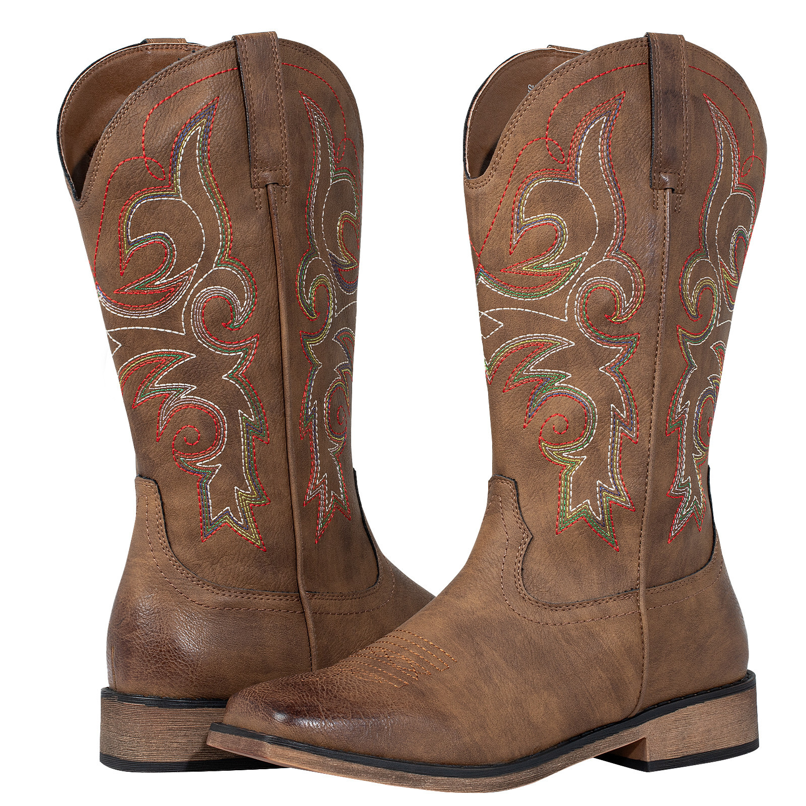 SheSole Womens Western Cowboy Square Toe Mid Calf Pull On Tabs Boots Low Heel