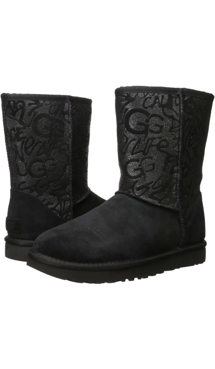 UGG CLASSIC SHORT SPARKLE GRAFFITI WOMEN BOOTS BLACK US 6/UK 4 /EU 37