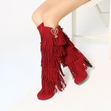 Women Boots High Heel Tassels Fringe Tassel Metallic Winter Shoes 5 Colors Retro
