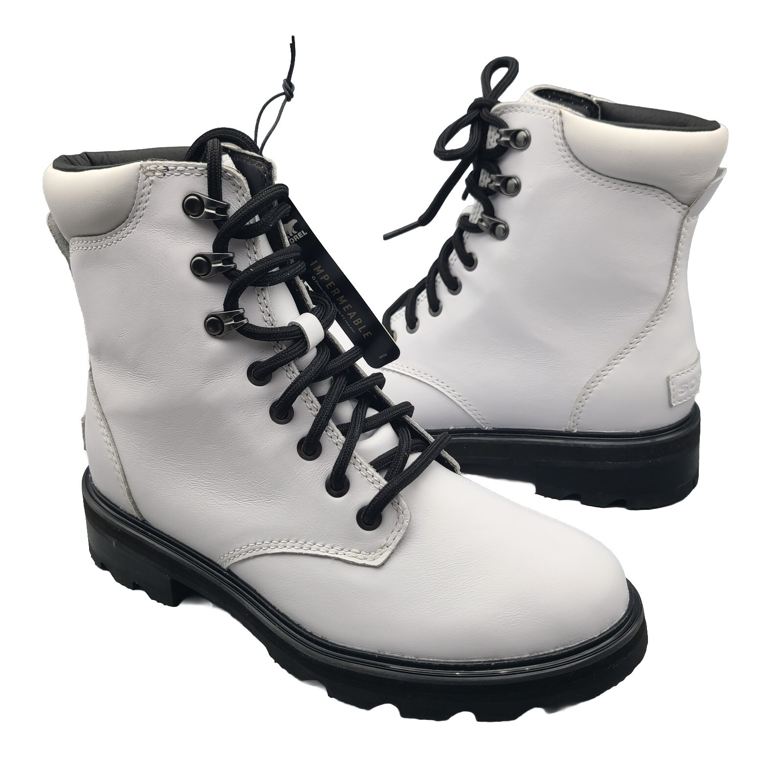 Sorel women boots Lennox White Leather Black Laces Combat Waterproof  Size 8 new
