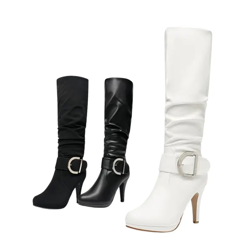 Women Winter Fur Lined Stilettos Heel Side Zipper Knee High Boots