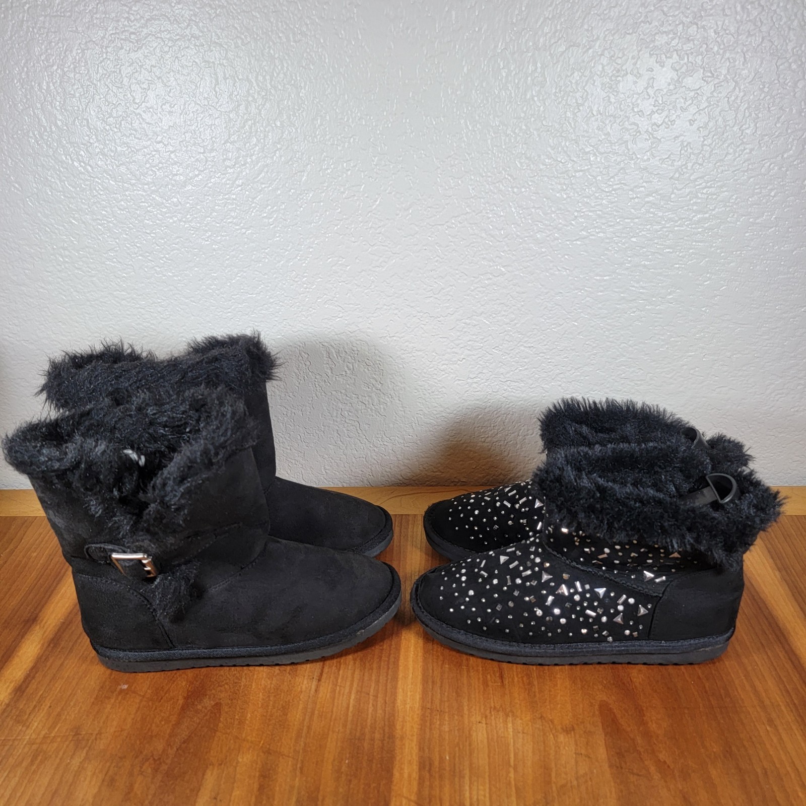2 Pair Girls Black Fur Sparkly Sugar&Jade Studded & Place Buckle Winter Booties