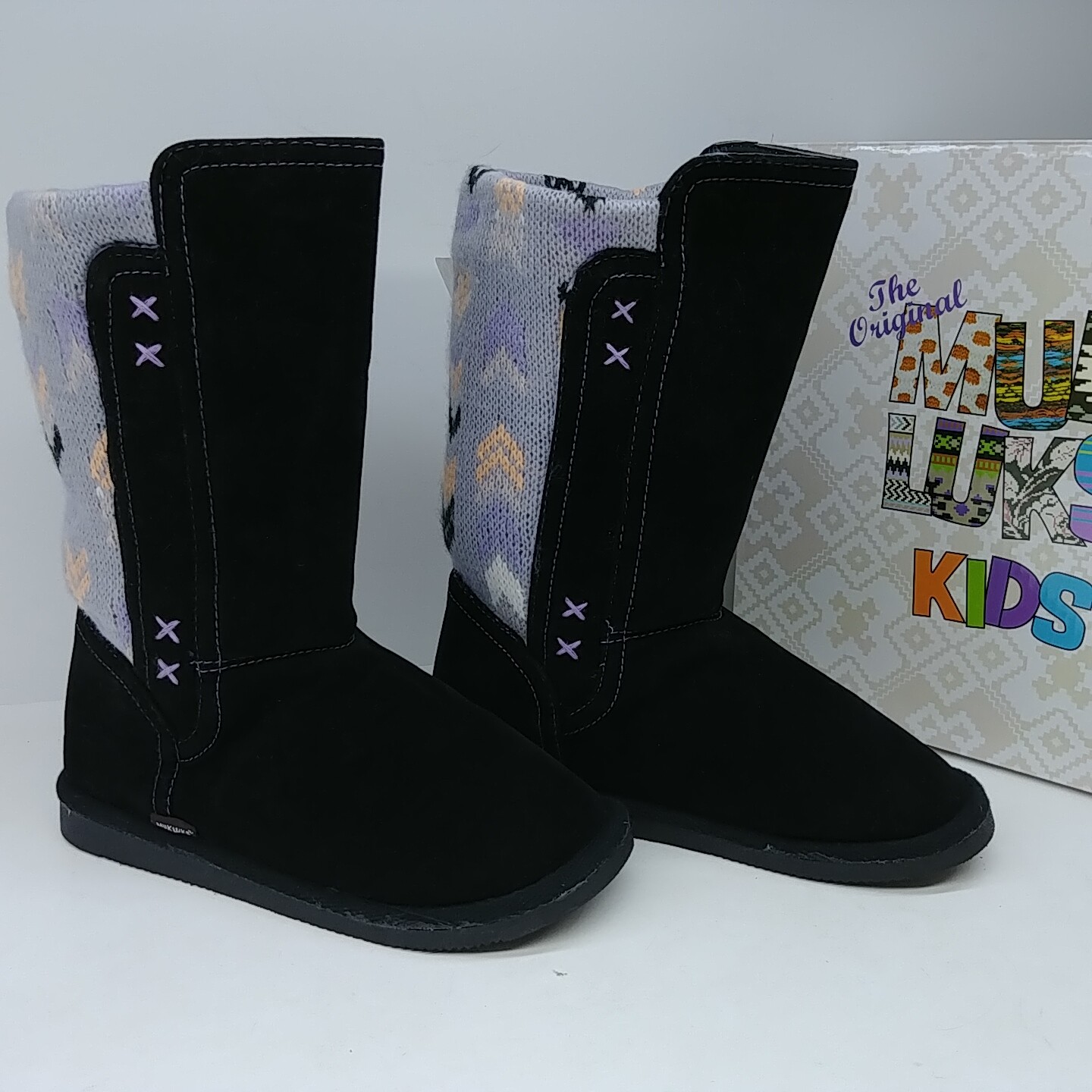 Muk Luks Kids Girls Boots 002 Black/Multi Mid Calf Chevron Knit Lining 16729