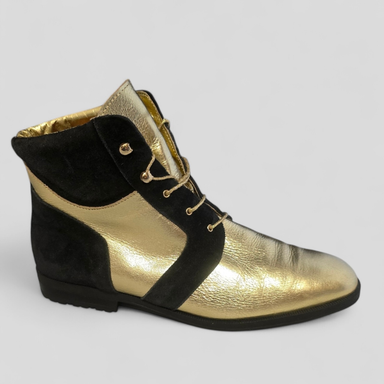 Vintage Gold Black Leather Ankle Women Boots Size US 9 EU 40 Made In Italy