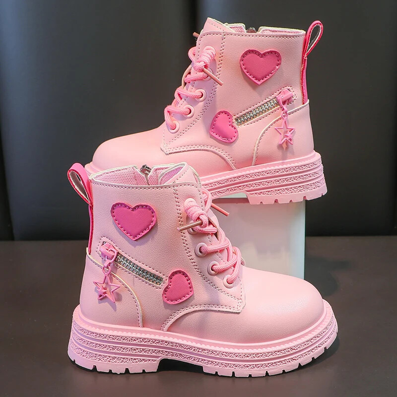 Girls Boots Kids Rubber Boots Cotton Soft Sole Pink with Love Side Zip Princess